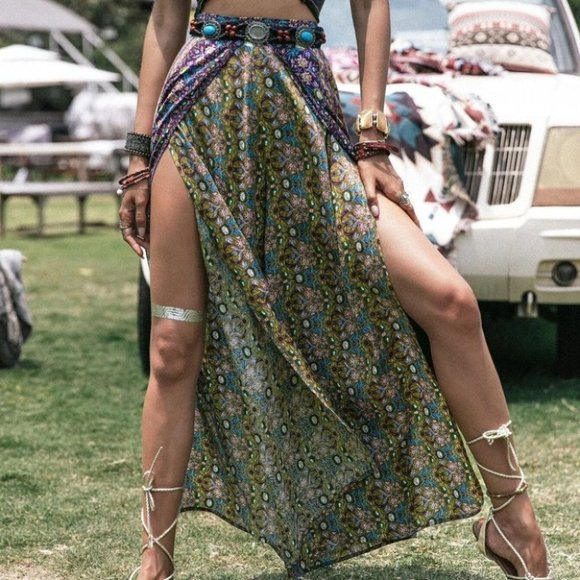 Coachella Festival Boho Floral Print Wrap Wide Leg Pants Without Belt - Picture 2 of 6